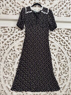 Good Luck Gem Black Floral Midi Dress with White Lace Collar